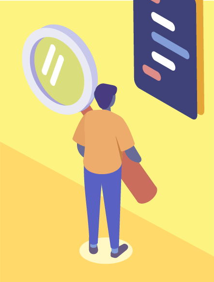 Illustration of a man with a magnifying glass looking at data