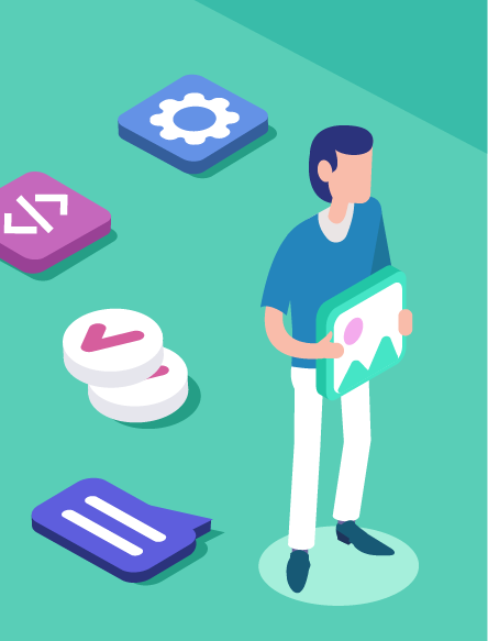 Illustration of a man with a graphic surrounded by other interface elements