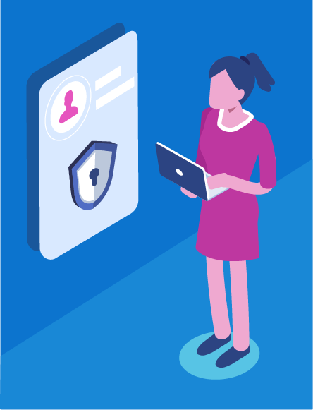Illustration of a woman with a laptop looking at a security barrier