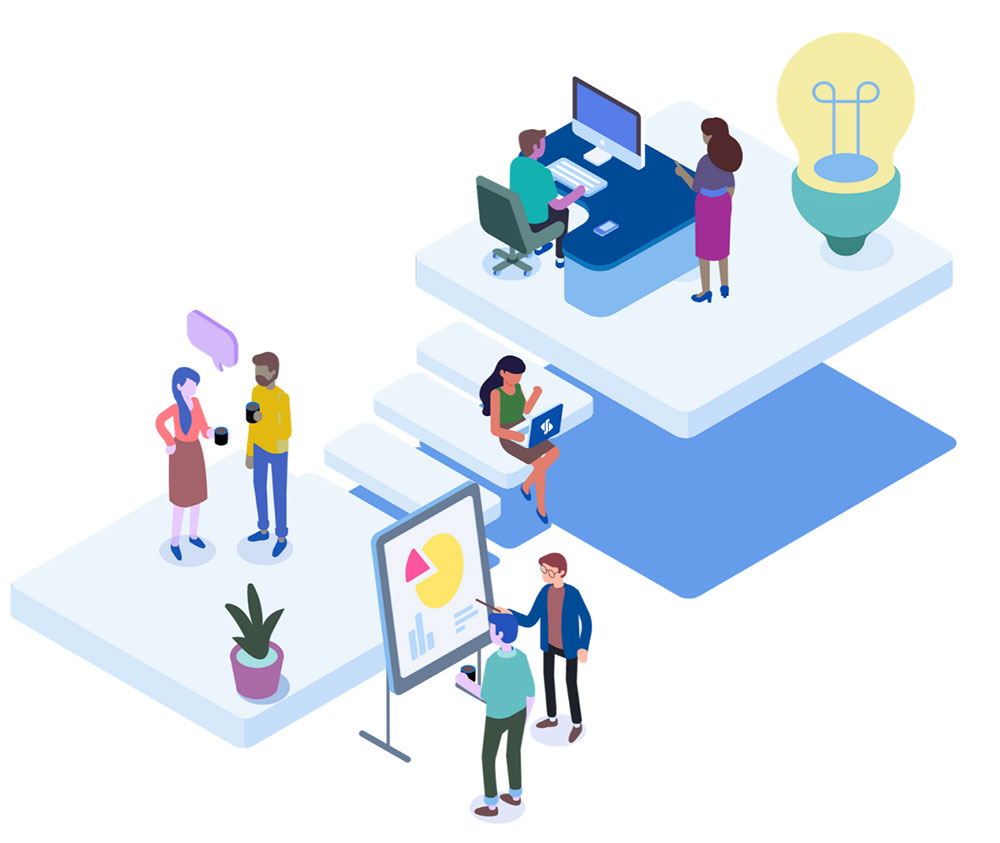 Illustration of team members working together in stylized environments